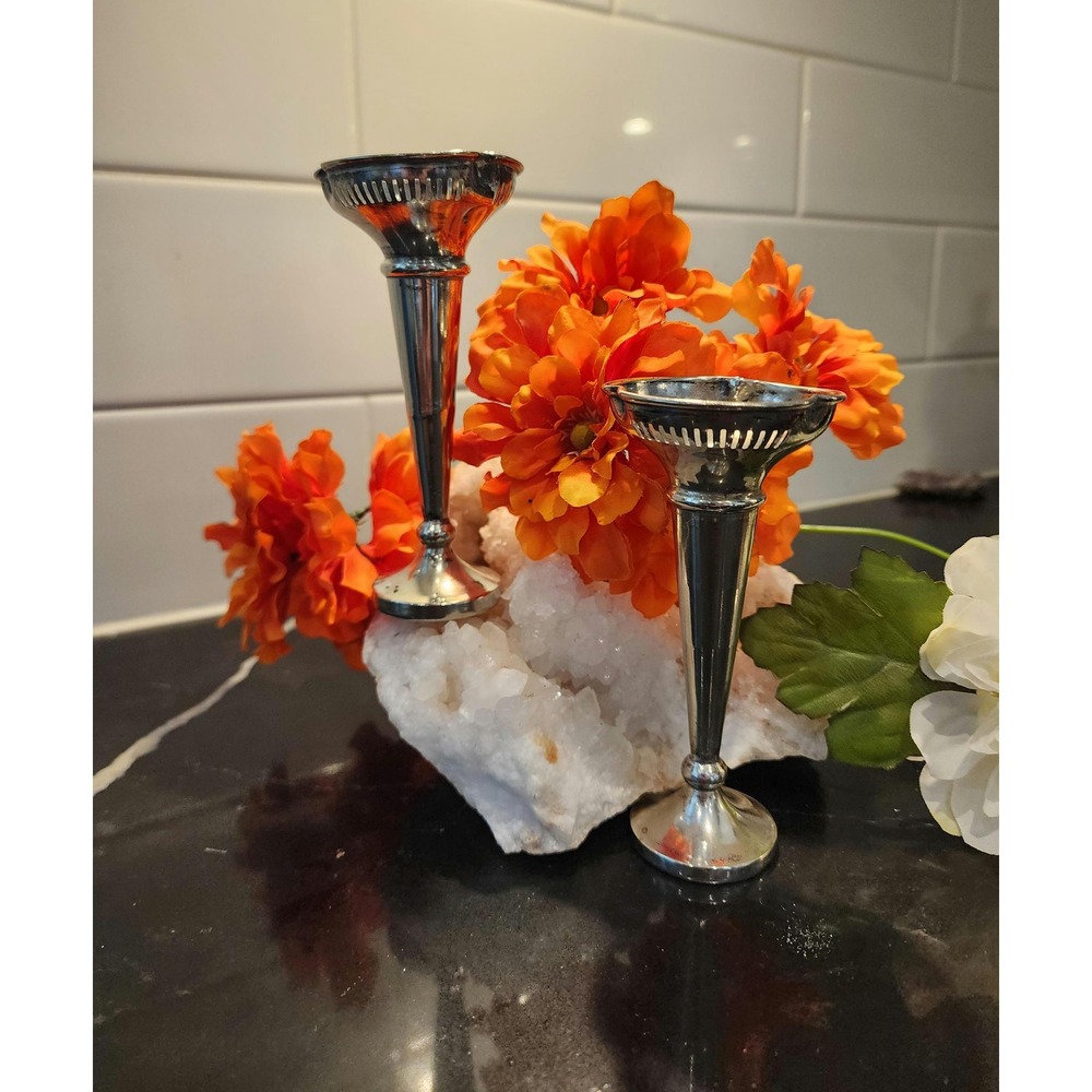 Vintage EPNS A1 Silver Plated Bud Vases Pair English Art Deco Trumpet 5 inch
